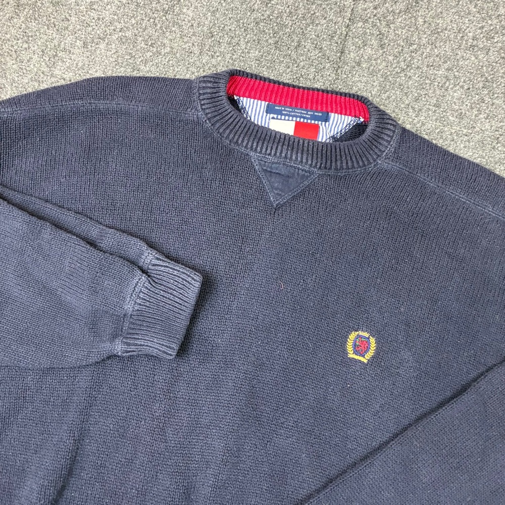 Vintage Tommy Hilfiger Mens Size XL Navy Blue Cotton Knit Crewneck Sweater Crest